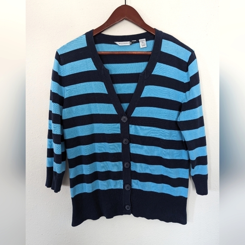 Willow Bay Blue and Navy Button Up‎ Cardigan  Sweater 3/4 Sleeves Stripes Size M